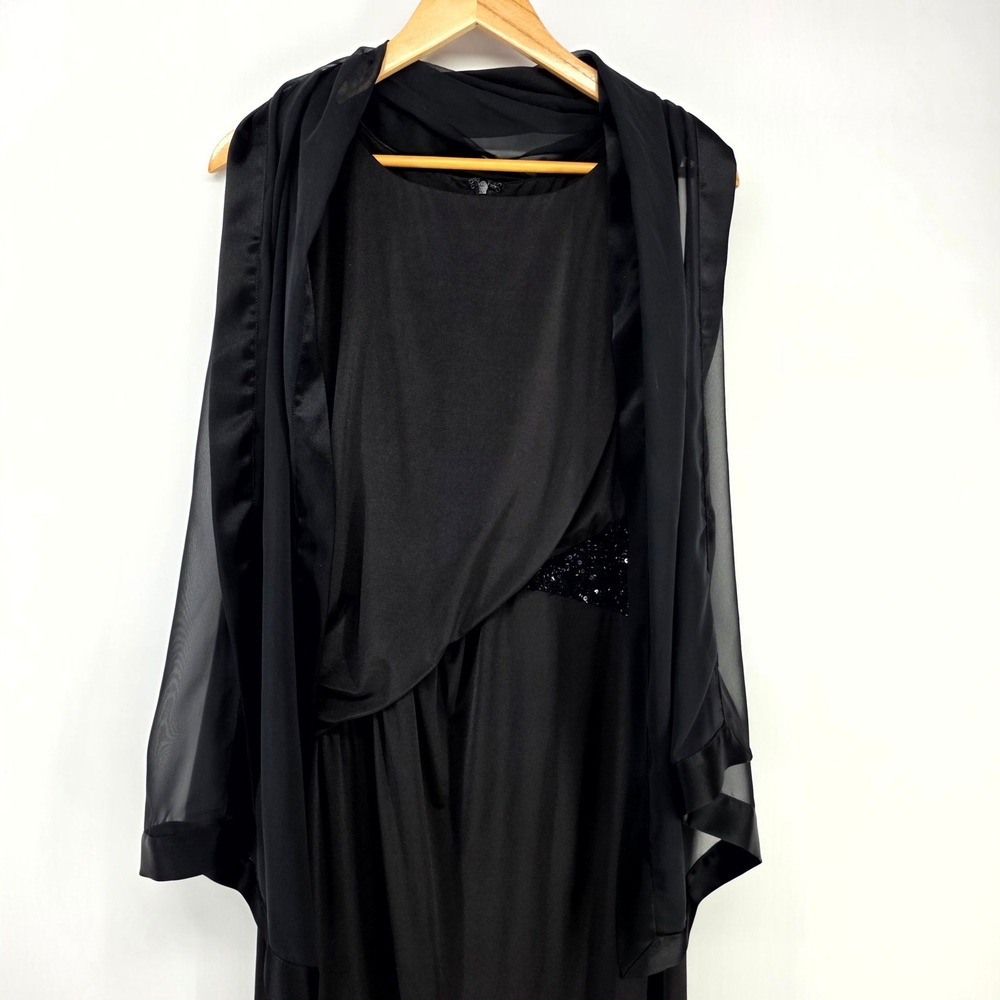 JS Boutique Maxi Dress Women 12 Black Sequin Draped Gown with Sheer Wrap Formal